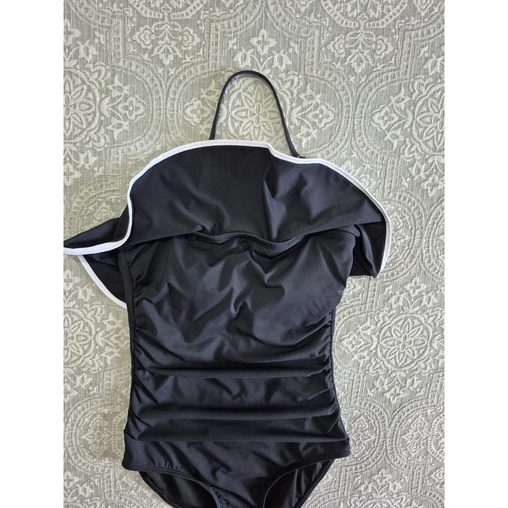 Holipick‎ Black Ruched Ruffle Off-the-Shoulder Halter One-Piece Swimsuit Womens